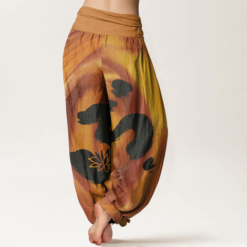 Buddha Stones OM Symbol Lotus Flower Pattern Women's Elastic Waist Harem Pants