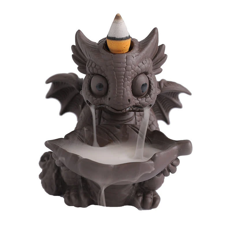 Buddha Stones Lovely Dinosaur Purple Clay Backflow Smoke Fountain Healing Incense Burner Decoration