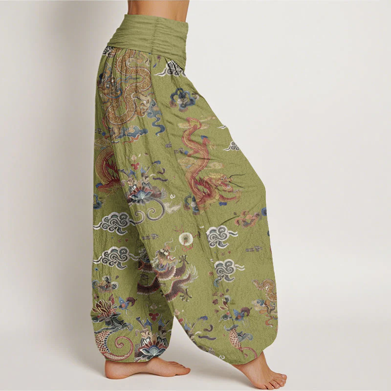 Buddha Stones Pure Cotton Golden Dragons Auspicious Clouds Design Women's Elastic Waist Harem Pants