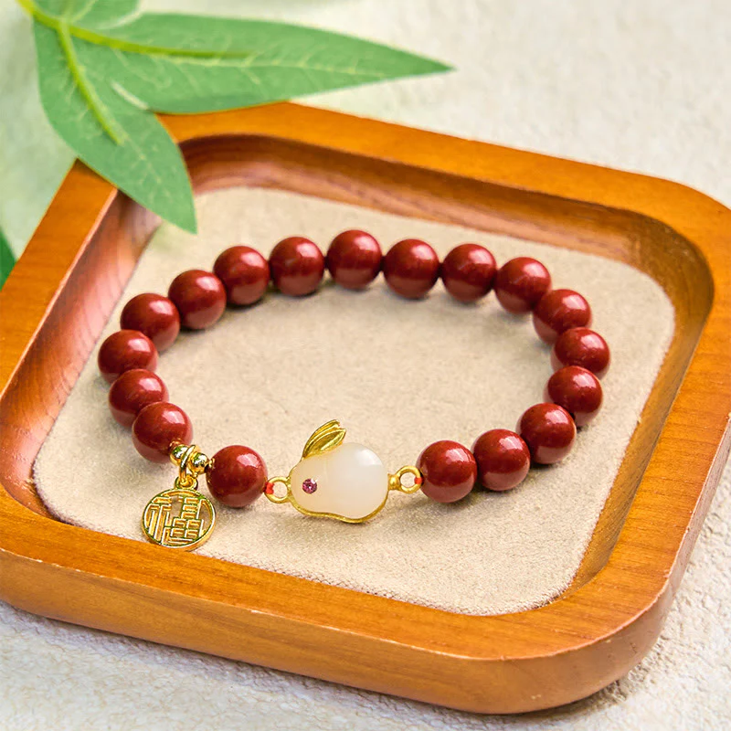 Buddha Stones Cinnabar Rabbit Bunny Fu Character Blessing Bracelet