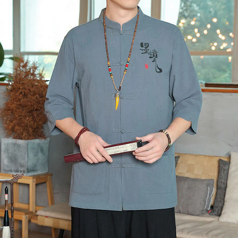 Buddha Stones Frog-Button Chinese Tang Suit Three Quarter Sleeve Cotton Linen Men's Shirt