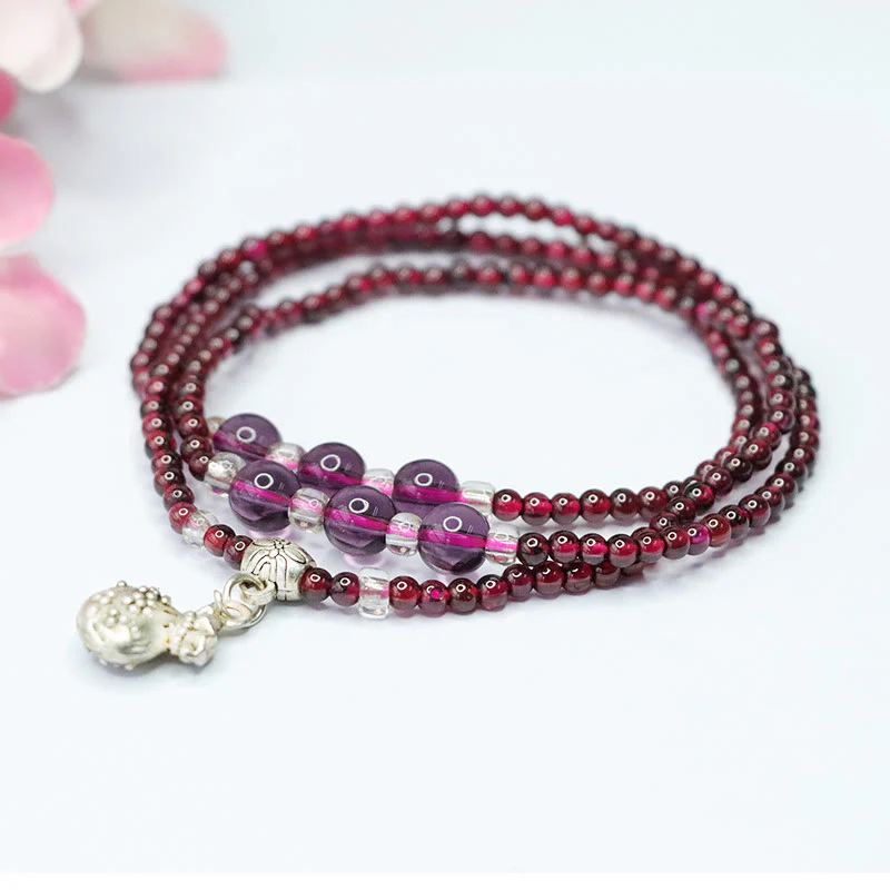 Buddha Stones Natural Garnet Elephant Abacus Lucky Bag PiXiu Protection Triple Wrap Bracelet