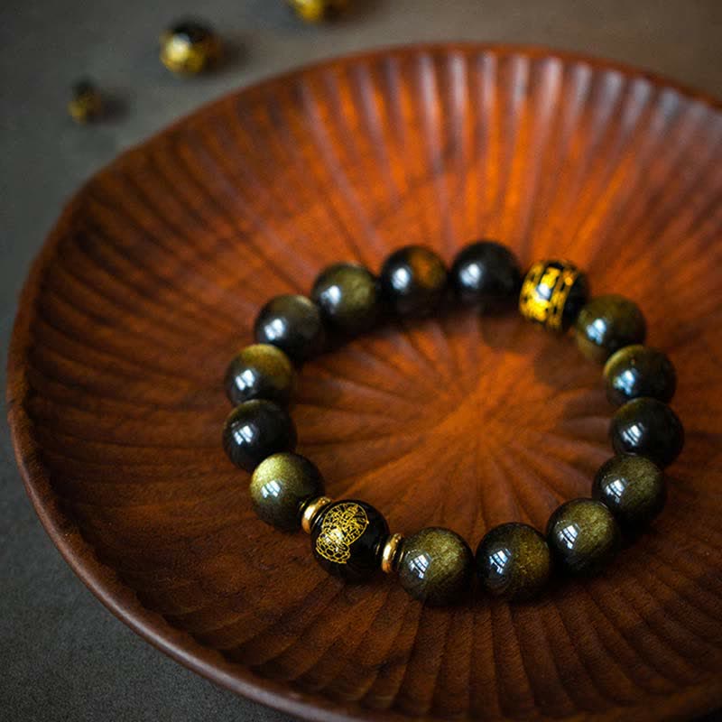 Buddha Stones Chinese Zodiac Natal Buddha Gold Sheen Obsidian Wealth Protection Bracelet