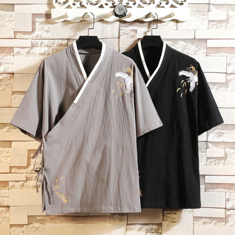 Buddha Stones Tang Suit Embroidery Crane Pattern Lace-Up Side Men's Cotton Linen T-Shirt