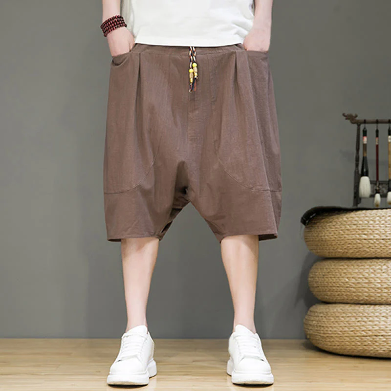 Buddha Stones Casual Drawstring Cotton Linen Men's Capri Harem Pants With Pockets
