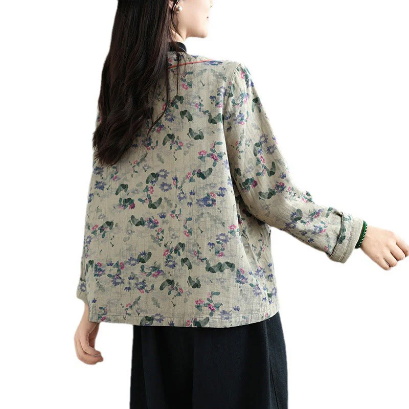 Buddha Stones Printing Floral Frog-Button Open Front Cardigan Cotton Linen Jacket With Pockets