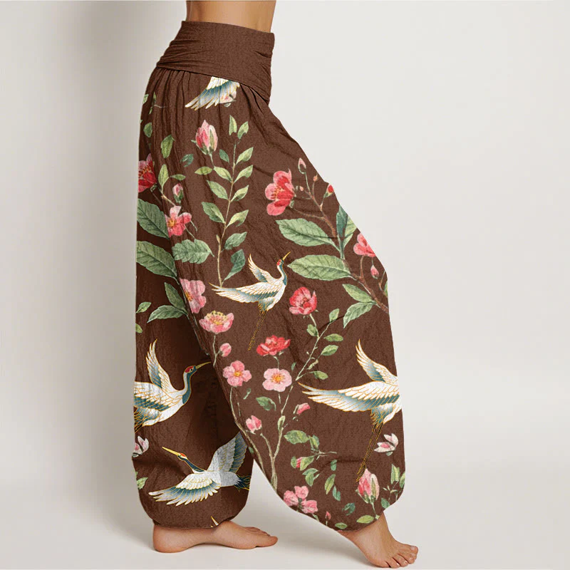 Buddha Stones Casual Red Flowers Crane Pattern Women's Elastic Waist Harem Pants
