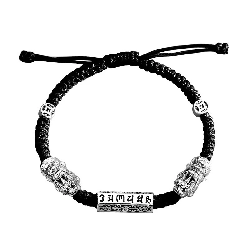 Buddha Stones Double PiXiu Feng Shui Copper Coin Om Mani Padme Hum String Bracelet