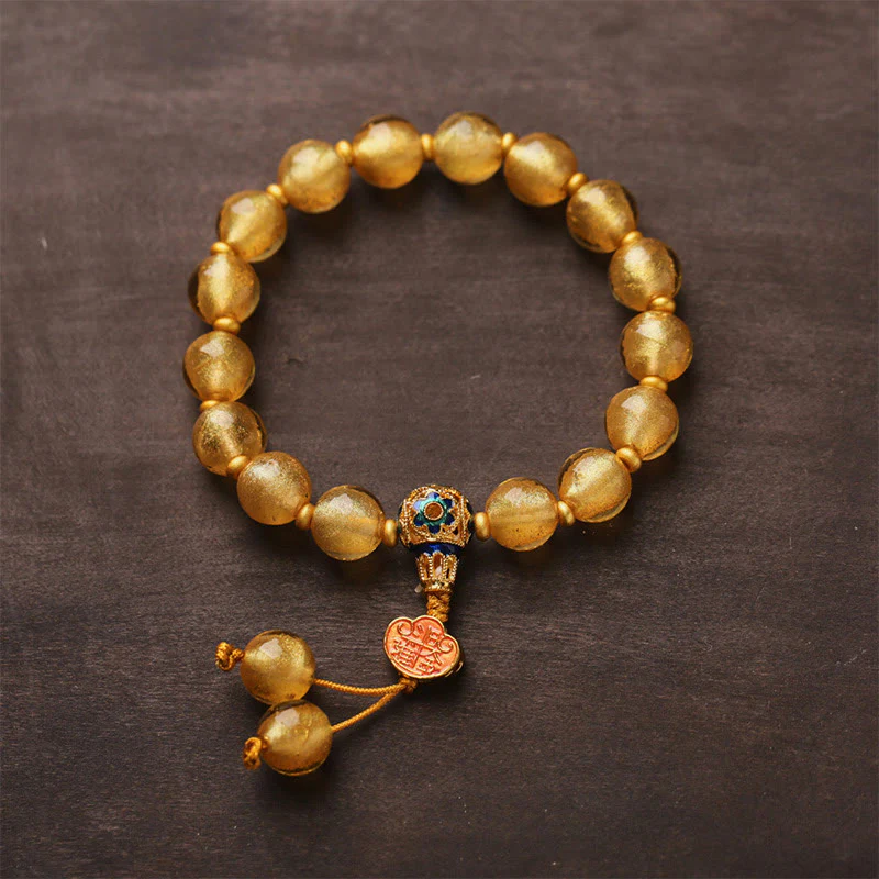 Buddha Stones Gold Foil Liuli Glass Bead Ruyi Golden Ingot Fortune Bracelet
