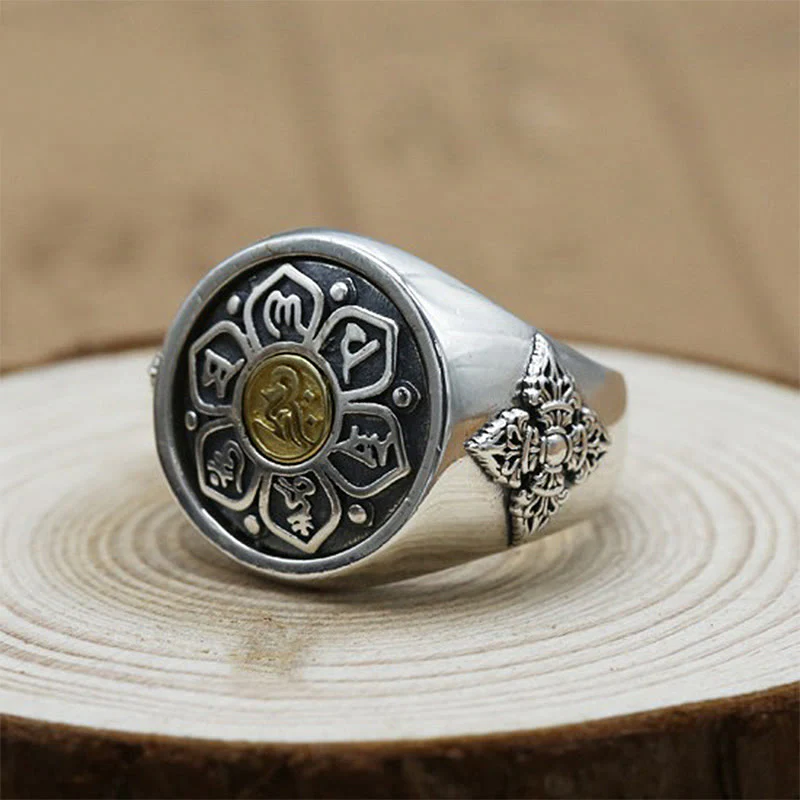 Buddha Stones Tibetan Om Mani Padme Hum Vajra Pattern Copper Focus Rotatable Ring