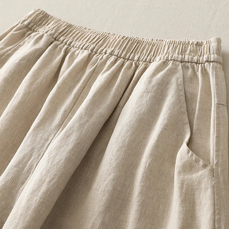 Buddha Stones Summer Daily Solid Color Elastic Waistband Design Women's Wide Leg Cotton Linen Pants With Pockets
