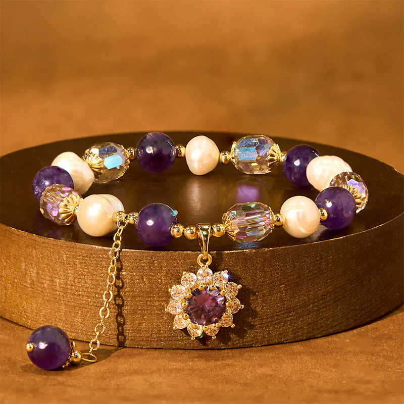 Buddha Stones Natural Amethyst Pearl Sunflower Communication Bracelet