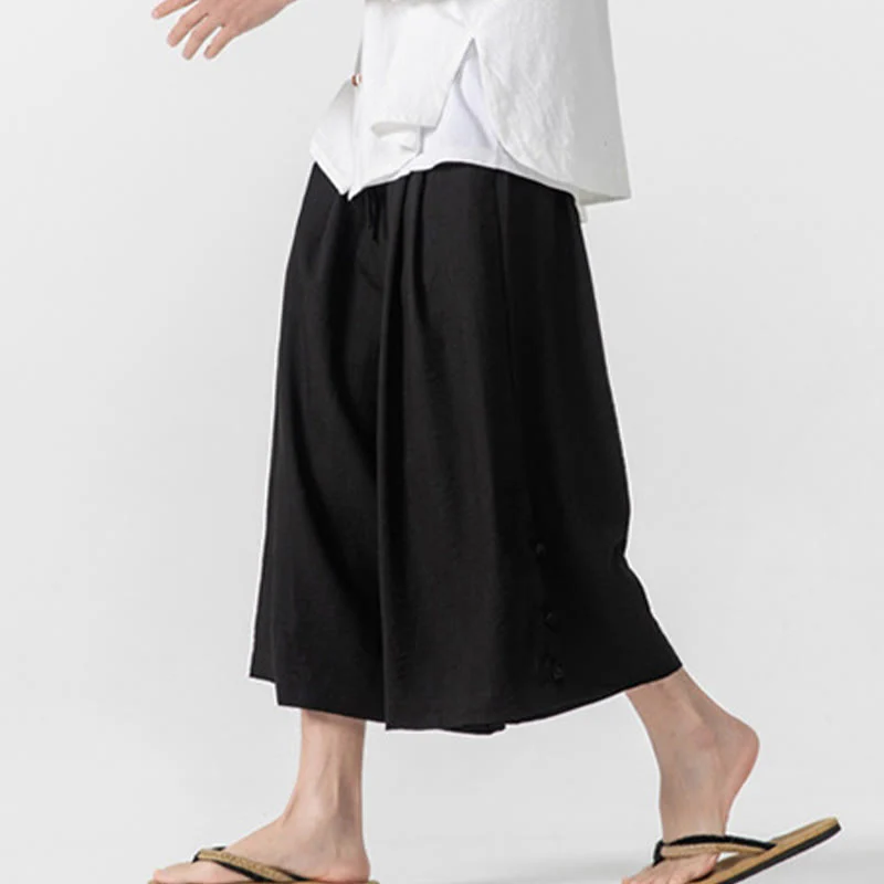 Buddha Stones Casual Loose Frog-Button Plain Men's Cotton 7-8 Length Wide Leg Pants With Pockets