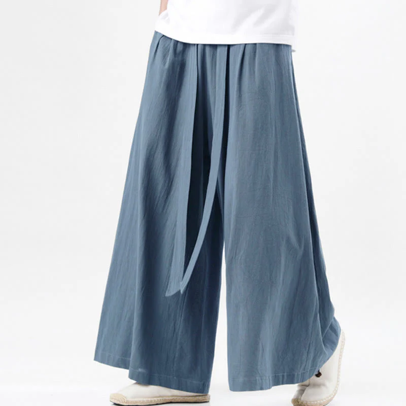 Buddha Stones Spring Casual Sports Drawstring Design Men's Cotton Linen Wide Leg Pants With Pockets