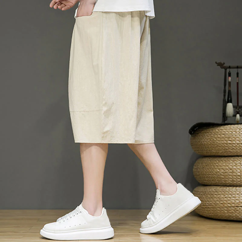 Buddha Stones Casual Drawstring Cotton Linen Men's Capri Harem Pants With Pockets