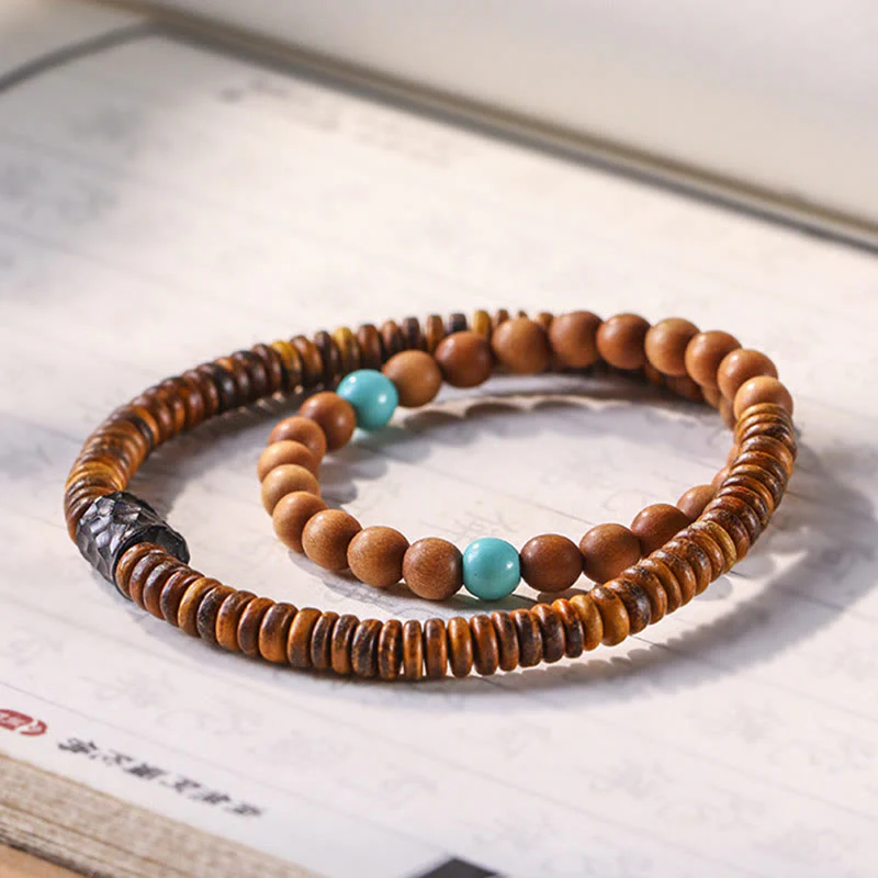 Buddha Stones Sandalwood Turquoise Protection Double Wrap Bracelet