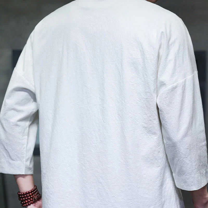 Buddha Stones Embroidery Men's  Chinese Frog-Button Three Quarter Sleeve Shirt Clothing