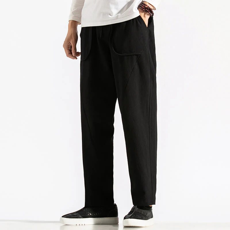 Buddha Stones Retro Casual Drawstring Design Men's Harem Cotton Plain Pants With Pockets
