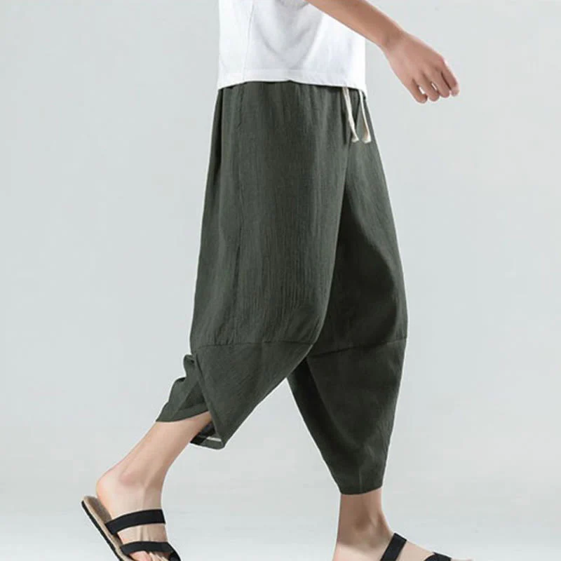 Buddha Stones Plain Simple Design Drawstring 7-8 Length Linen Men's Harem Pants With Pockets