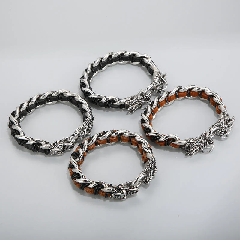 Buddha Stones Dragon Leather Titanium Steel Protection Luck Braided Bracelet