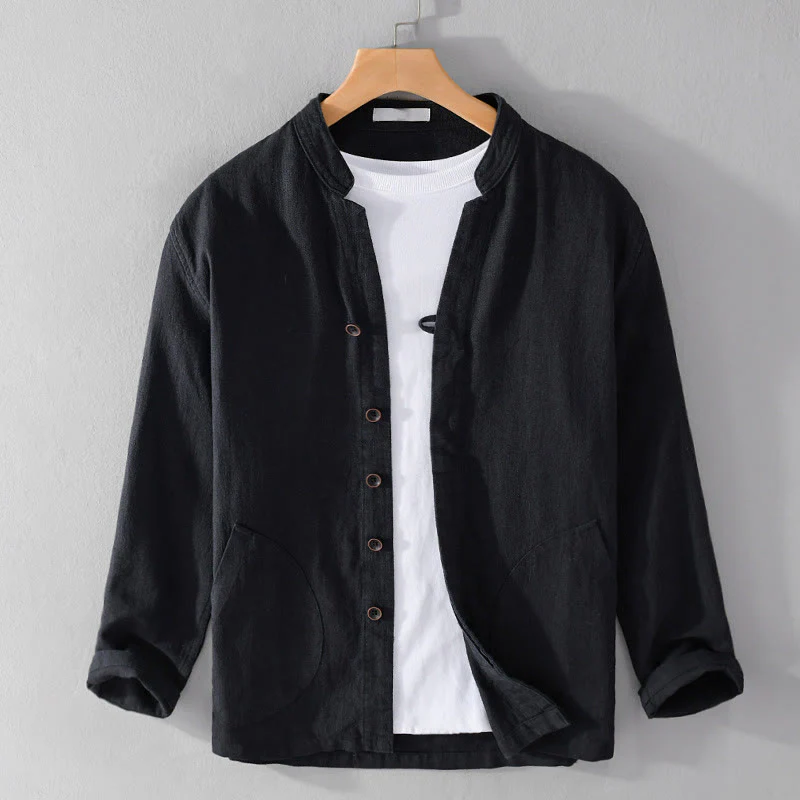 Buddha Stones Spring Daily Simple Buttons Design Stand Collar Men's Long Sleeve Cotton Linen Shirt With Pockets