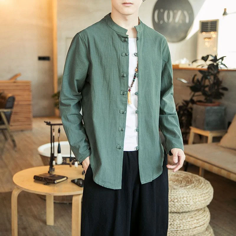 Buddha Stones Casual Stand Collar Frog-Button Long Sleeve Tang Suit Linen Men's Shirt