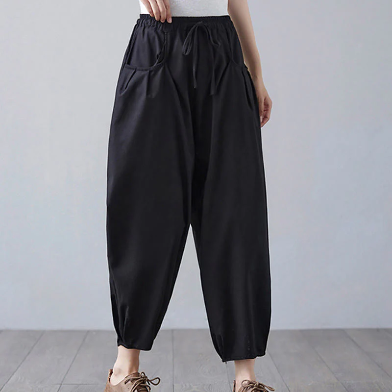 Buddha Stones Summer Plain Cropped Pants Women's Cotton Linen Harem Pants With Pockets