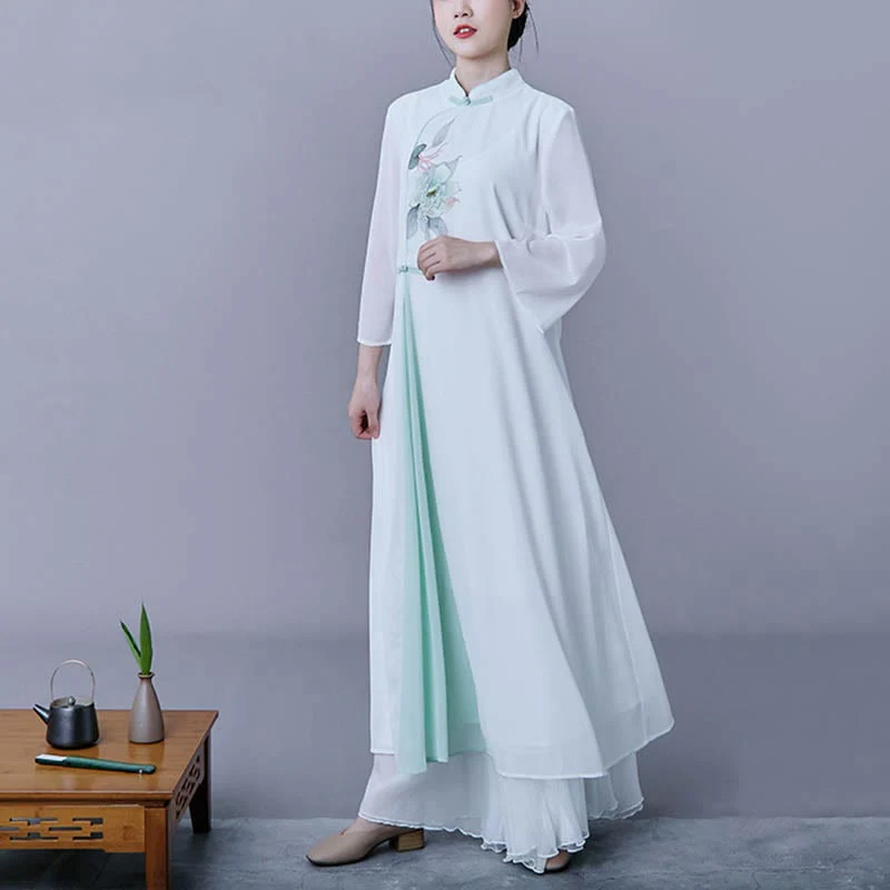 Buddha Stones 2Pcs Flower Three Quarter Sleeve Midi Dress Skirt Chiffon Zen Clothing Women's Set