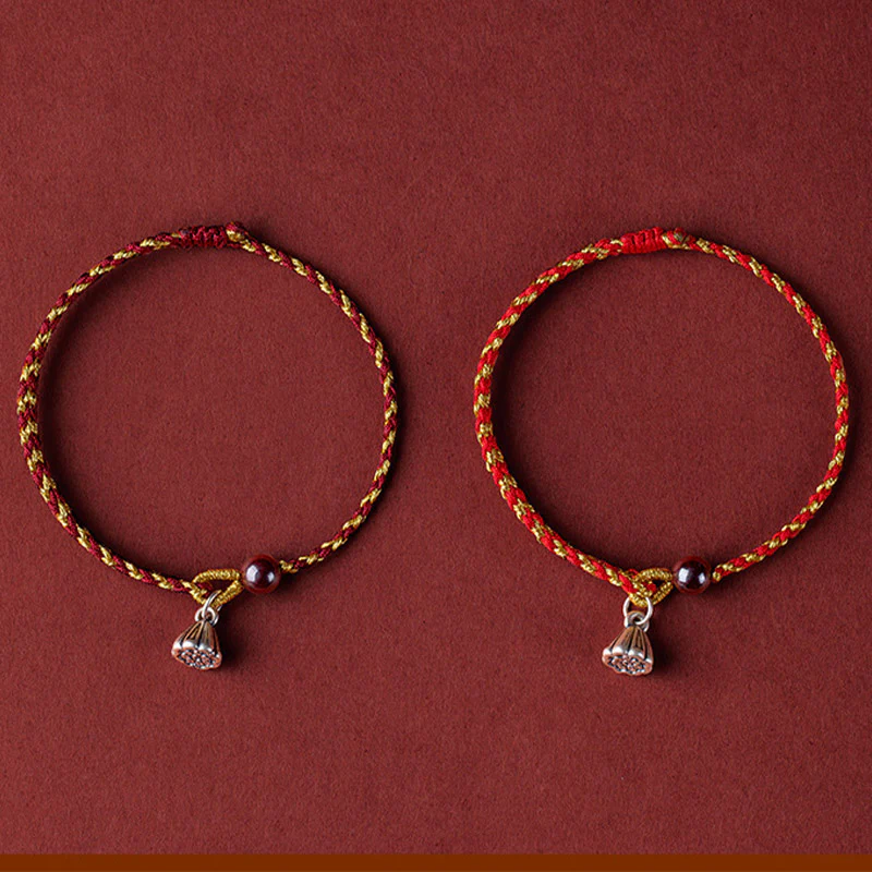 Buddha Stones Handcrafted Red Gold Rope Lotus Peace And Joy Charm Braid Bracelet