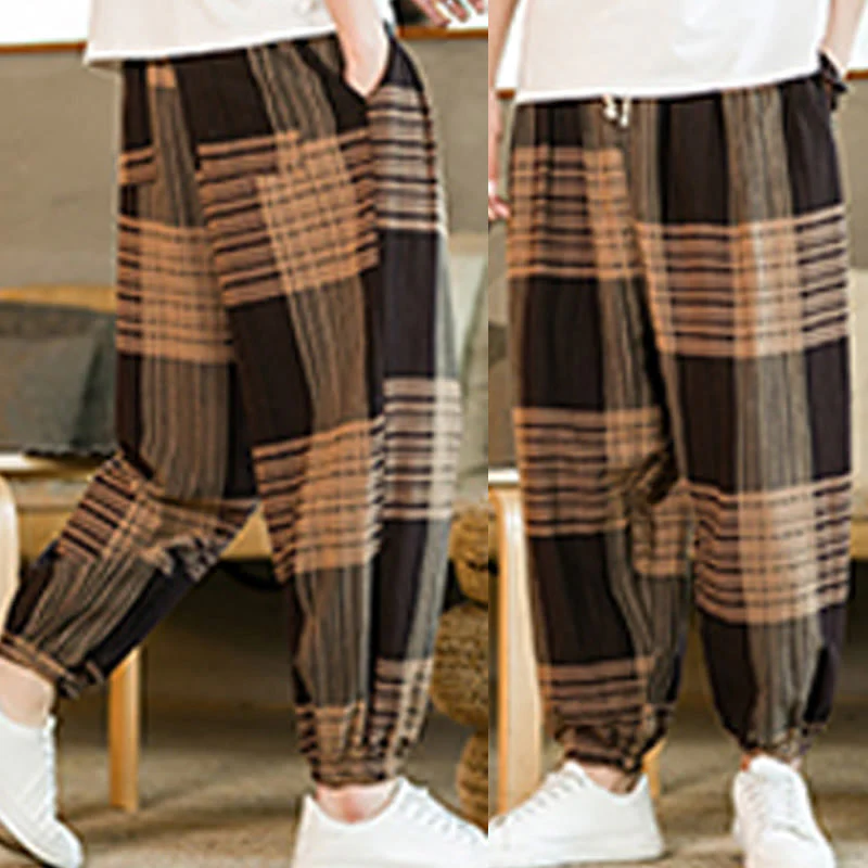 Buddha Stones Summer Checkered Stripes Cotton Linen Men's Harem Pants With Pockets