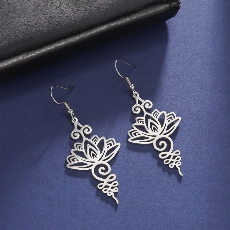 Buddha Stones Hollow Lotus Flower Stainless Steel Enlightenment Metal Drop Earrings