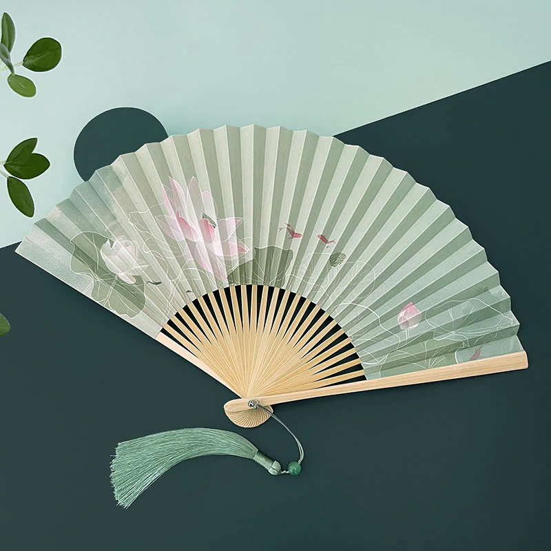 Buddha Stones Lotus Flowers Leaf Koi Fish Handheld Paper Bamboo Folding Fan