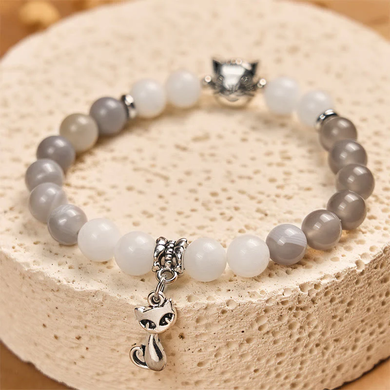 Buddha Stones Ragdoll Cat Gray Striped Agate Chalcedony Support Bracelet