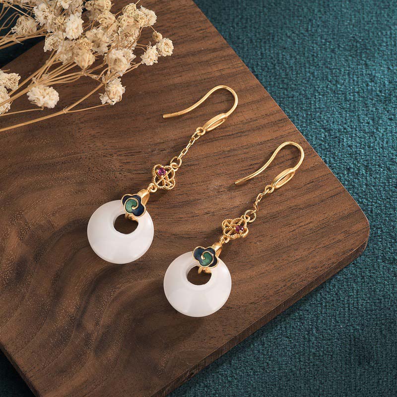 Buddha Stones FengShui White Jade Blessing Drop Earrings