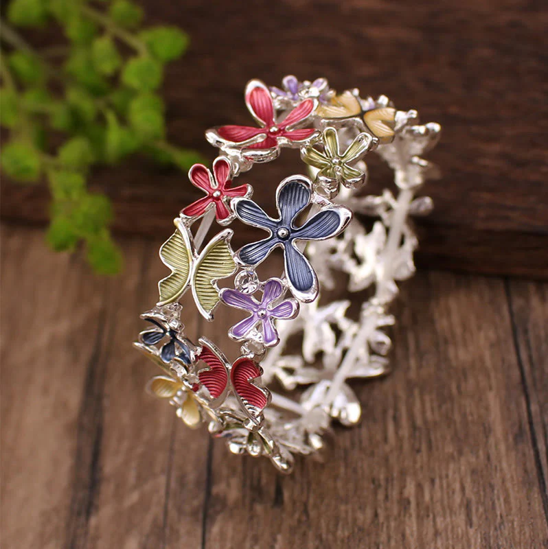 Buddha Stones Colorful Butterfly Flowers Love Alloy Elastic Bracelet Bangle