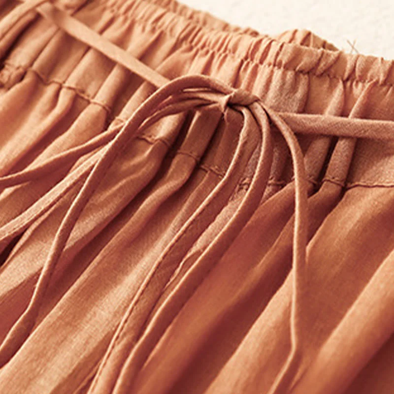 Buddha Stones Simple Design Drawstring Linen Women's Wide Leg Pants With Pockets