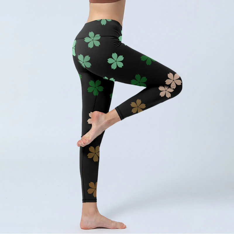 Buddha Stones Green Pink Five-petal Flowers Print Gym Leggings Women's Yoga Pants