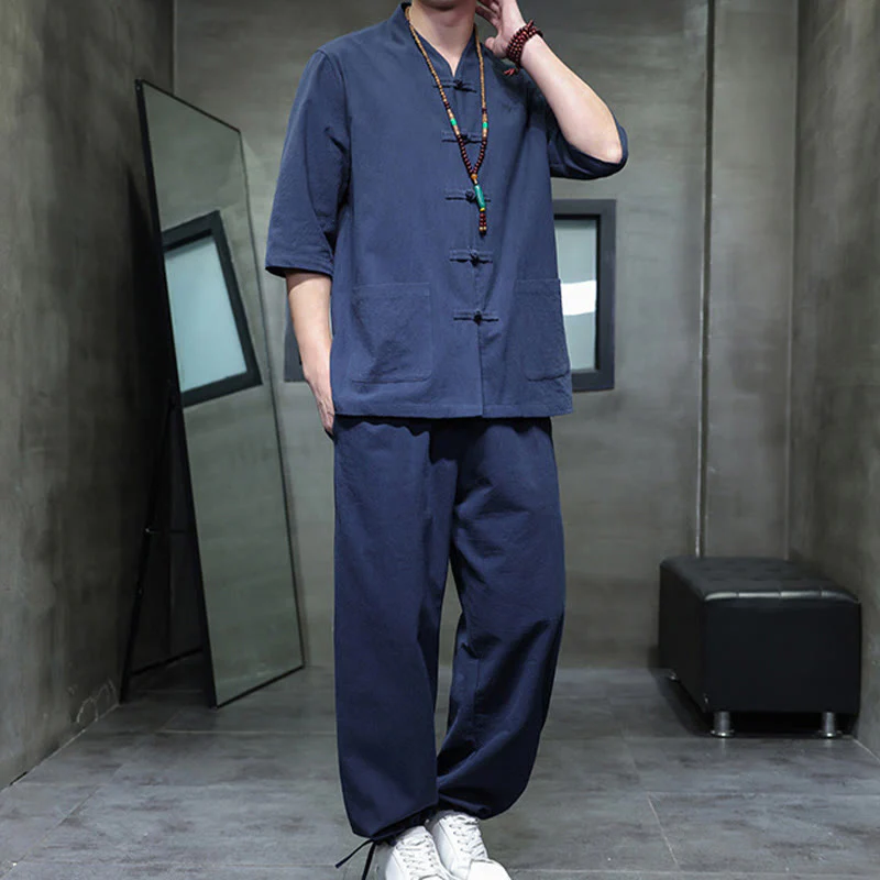 Buddha Stones 2Pcs Tang Suit Frog-Button Design Shirt Pants With Pockets Men's Cotton Linen Meditation Cloth Set