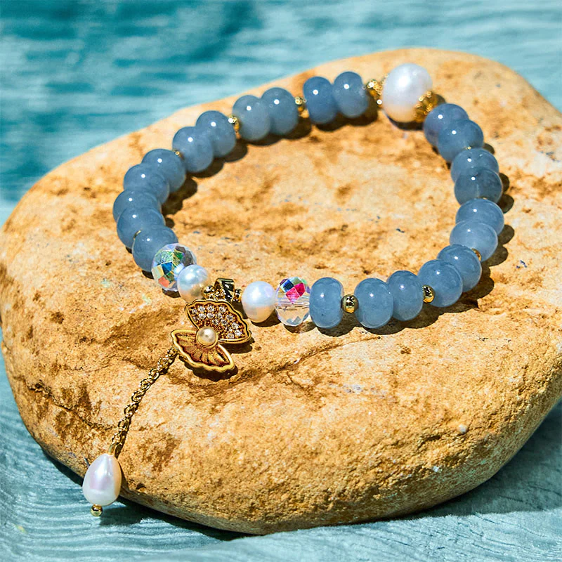 Buddha Stones Natural Aquamarine Pearl Shell Healing Bead Bracelet