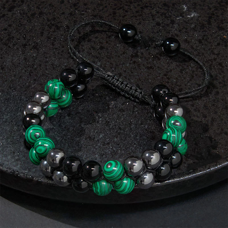 Buddha Stones Natural Malachite Black Magnetite Black Obsidian Double Row Beads Anti-Anxiety Bracelet