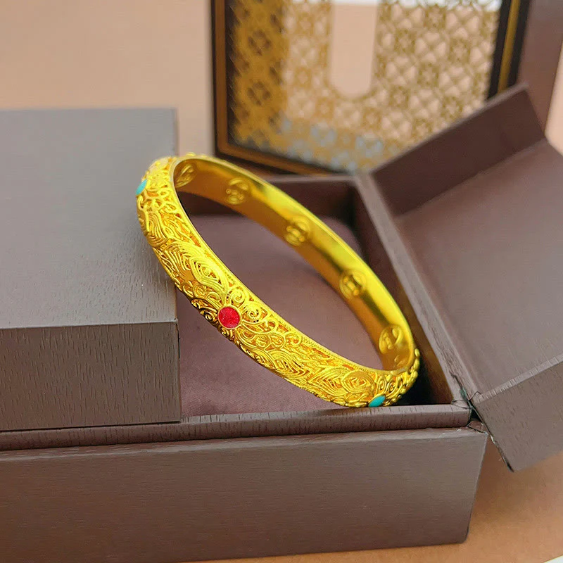 Buddha Stones Copper Plated Gold Flowers Leaves Luck Bracelet Bangle