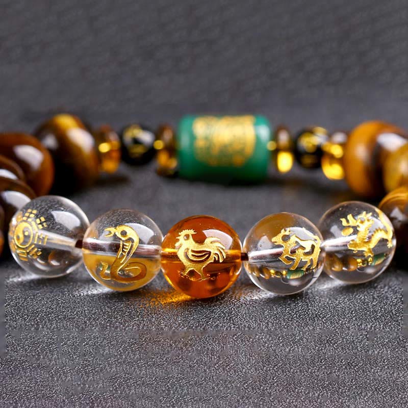 Buddha Stones Chinese Zodiac Tiger Eye White Crystal Courage Bracelet
