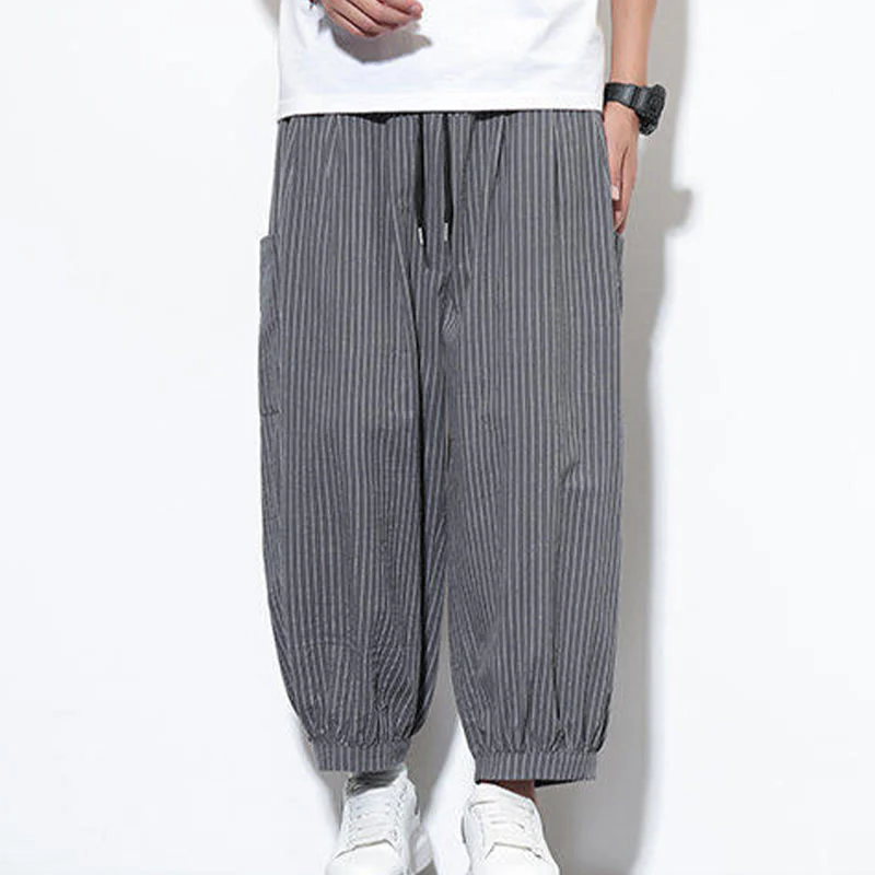 Buddha Stones Casual Striped Men's Cotton 7-8 Length Harem Pants With Pockets