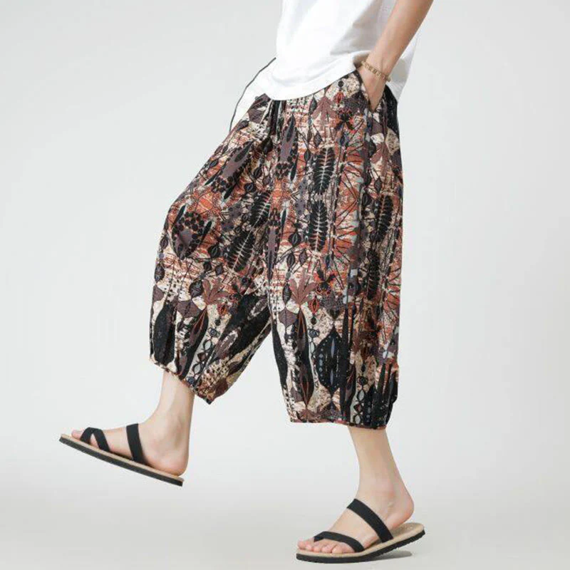 Buddha Stones Summer Square Patchwork Elephant Mandala Geometry Cotton Linen Men's 7-8 Length Pants With Pockets