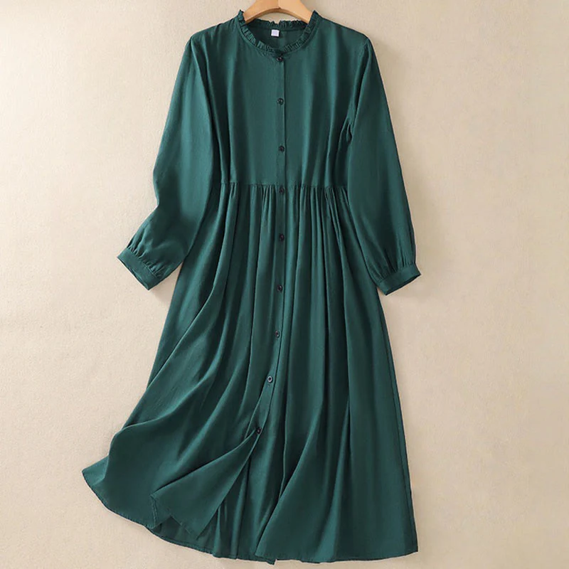 Buddha Stones DarkGreen Plain Ruffled Crew Neck Buttons Design Cotton Midi Dress With Pockets