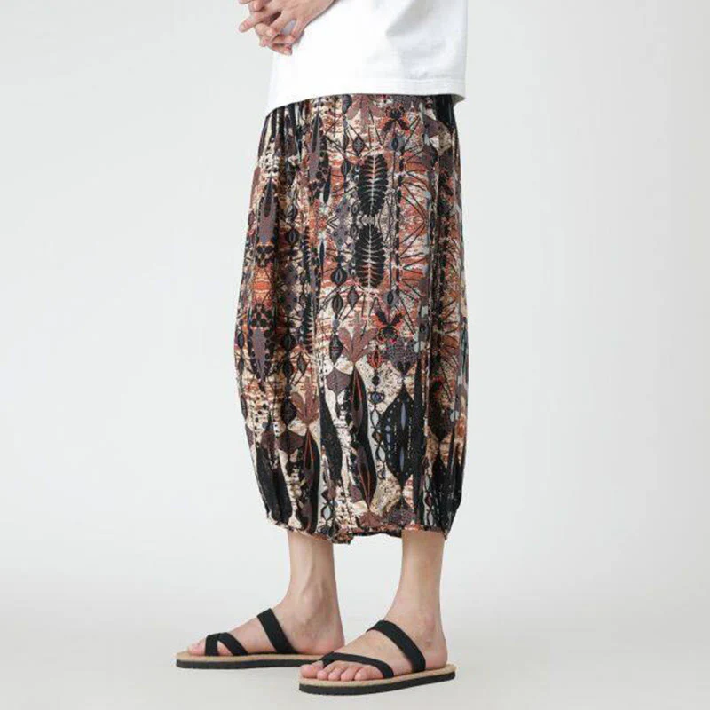 Buddha Stones Summer Square Patchwork Elephant Mandala Geometry Cotton Linen Men's 7-8 Length Pants With Pockets