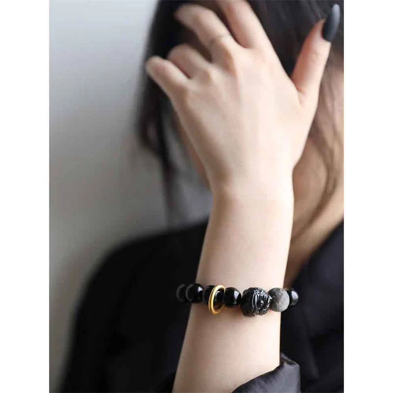 Buddha Stones Black Obsidian Silver Sheen Obsidian Lion Strength Bracelet