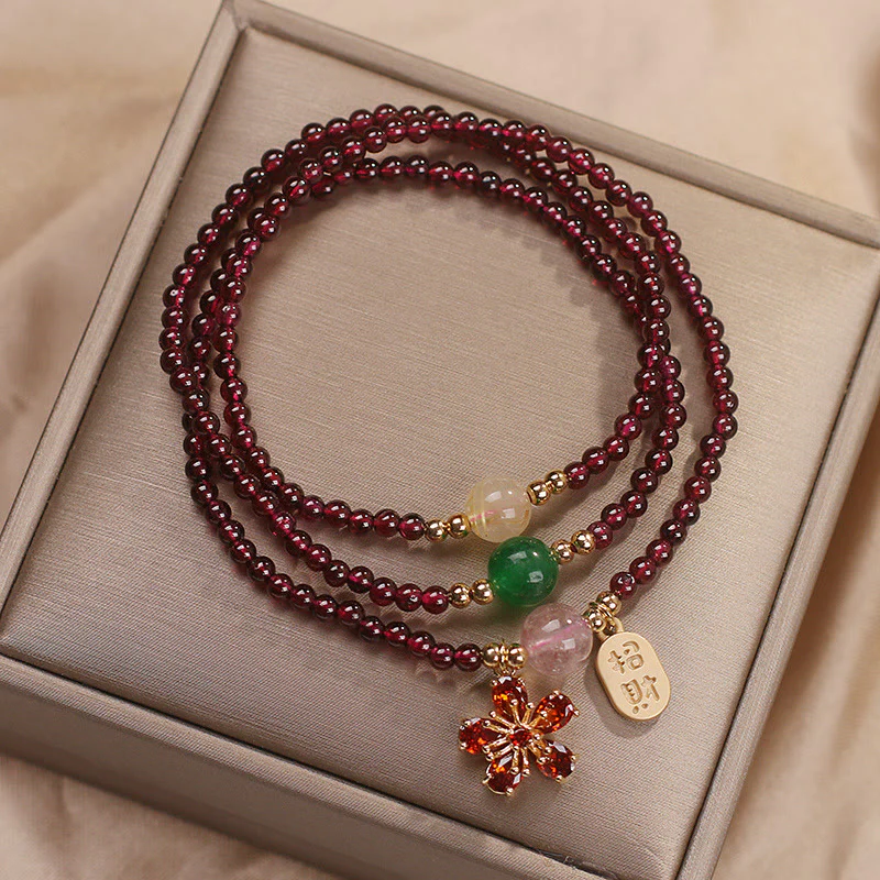 Buddha Stones Natural 3mm Ultra-thin Garnet Beads Cherry Blossom Flower Attract Fortune Protection Multilayer Bracelet