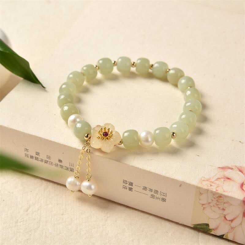 Buddha Stones Hetian Jade Flower Pearl Happiness Abundance Bracelet