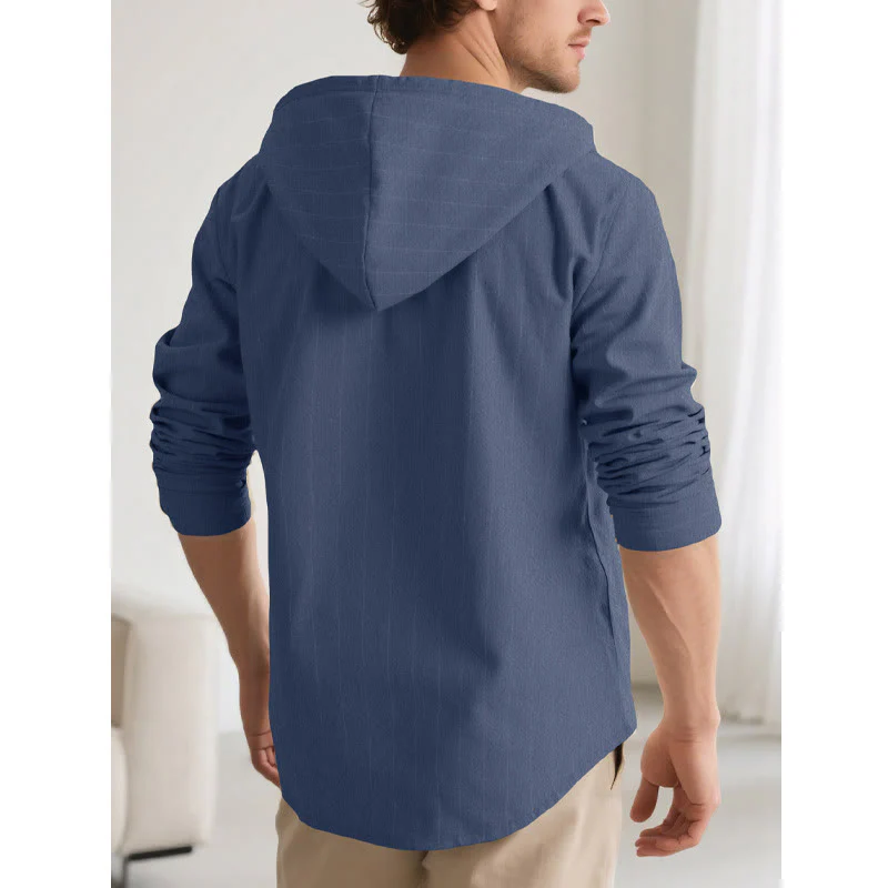 Buddha Stones Solid Long Sleeve Hooded Stripes Drawstring Buttons Linen Men's Shirt